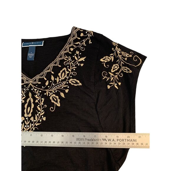 Karen Scott Womens Black & Gold Embroidered V-Neck Top Small - Picture 7 of 10
